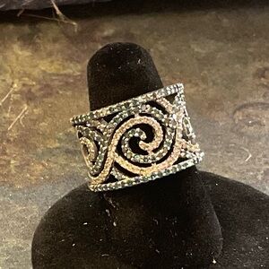 Silver-Tone Swirl Crystal Wide Band Ring - Silver